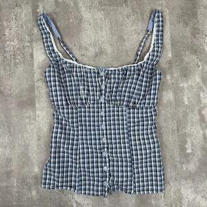 Hollister Poplin Plaid Camisole Top Womens XS Plaid Babydoll Blue Tank Button
